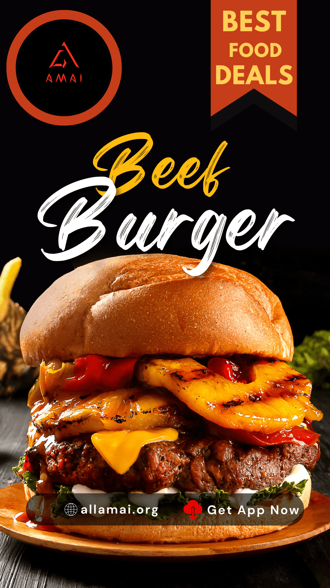 Delicious beef burger with cheese and grilled toppings promoting best food deals.