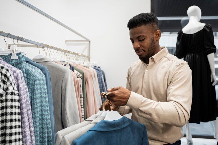 Person browsing through various clothing items on hangers in a store with a mannequin in the background.