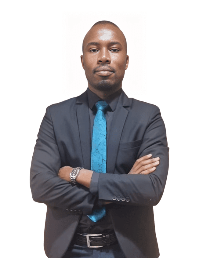 Person wearing a dark suit and blue tie with arms crossed.