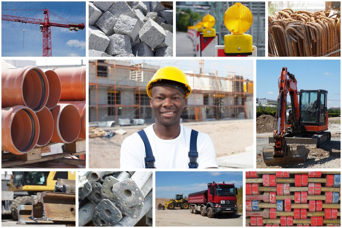 Happy african american construction worker with construction site photos in collection